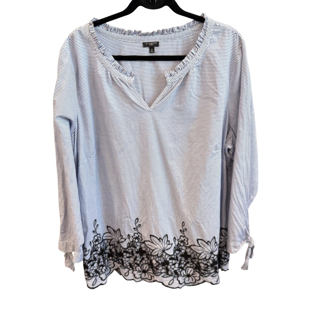 Talbots Blouse Woman Blue White Striped Lace Trim Coastal Preppy 2X